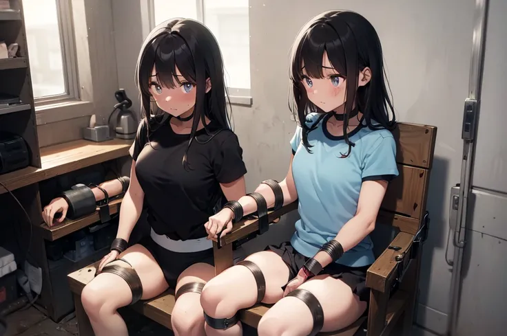 3 girls, ((inside tiny room, strapped to chairs)), (sitting:1.5), (bondage chair:1.5), (blushing:1.5), (open legs:1.5), ((basement, metal room)), (((3 girls, group of girls))), (inside torture room), arms to sides , wrist cuffs, ankle cuffs, (((shocked exp...