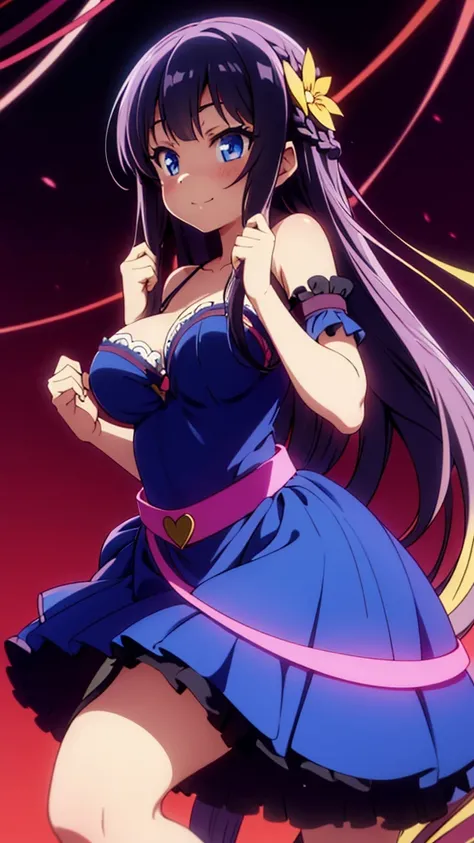 best quality,extremely detailed,anime style,1girl,Long hair down to the waist,straight hair,Dark black hair with bluish,Braid on top of the head,beautiful detailed eyes,pinched eyes,dark blue eyes,huge breasts,smile,garter belt,princess motif idol dress,Fl...