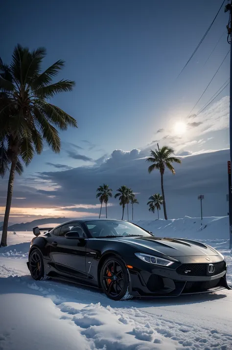 Sports car in the dark snow aroveres palm trees
