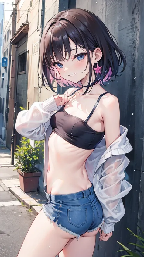 (8K、Highest image quality、best quality、masterpiece)、Detailed face、((two :2))、brown hair、short hair、brown eyes、smile、((Grinning))、earrings、((small breasts))、((pink camisole))、((Denim shorts))、Cowboy shooting、black hair、Double tail、light blue eyes、smile、((Gr...