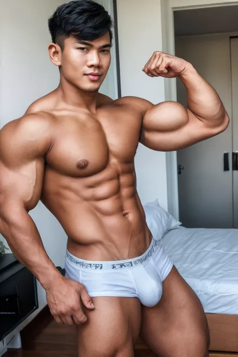 wavy  bangs hair, thai boy,22 age,at condo, (very lean Ripped muscle:1.2)