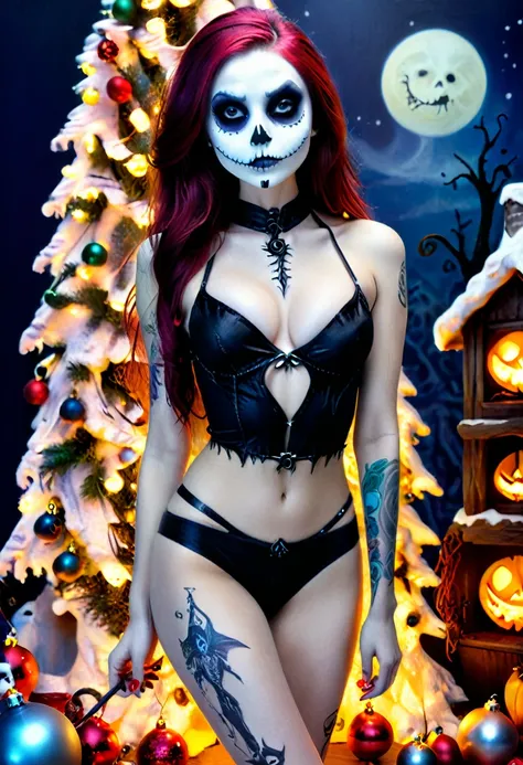 Create a hyper detailed photograph of a nightmare before Christmas tattooed young sexy stunning gorgeous girl, Stunningly perfect gorgeous face, perfect makeup,detailed vibrant eyes, long hair,detailed perfect beautiful legs, detailed perfect beautiful arm...