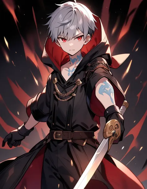 Short grey hair、Red Eye、A fearless face、Black clothing with leather hood、Wearing gloves、Light blue tattoo of ancient characters on neck and wrist、16 year old boy、Holding a Western-style sword、