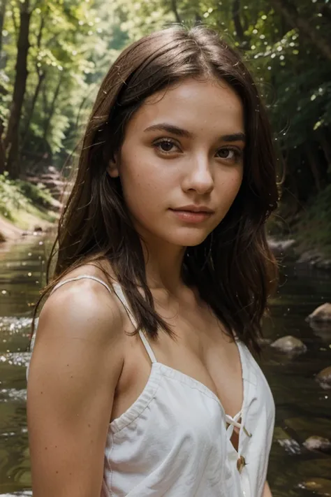 Girl in summer outdoors, A warm day. Portrait against the background of a river and forest