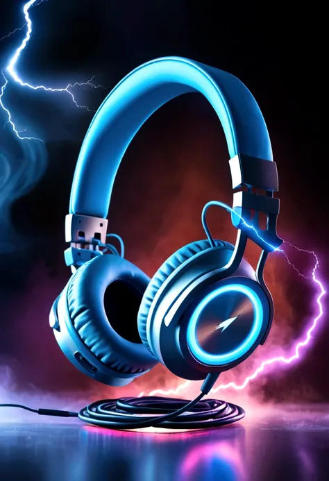 Strict style, стильный design, cold haze, design, headphones, lightning around headphones, product, beautiful banner, magical effects around the headphones, beautiful effects, haze in the background, Magic, headphones, subject, headphones на камне