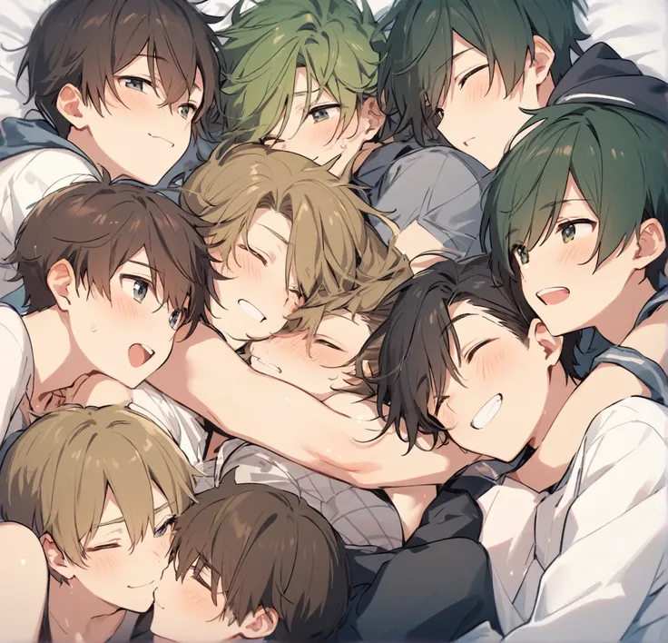 Five different cute male teenagers cuddling together