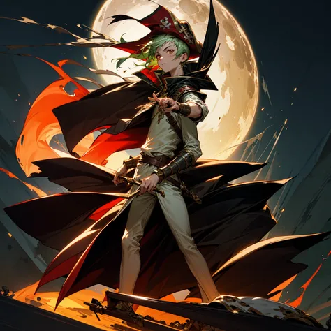 1boy, Full body version, 1character, brown eyes, albino skin, pirate eye patch, buzz cut hairstyle, green colour hair, flat facial expression, red pirate hat, templar knight clothing, brown colour clothing, ancient Greek sandals, gold dagger knife in hand,...