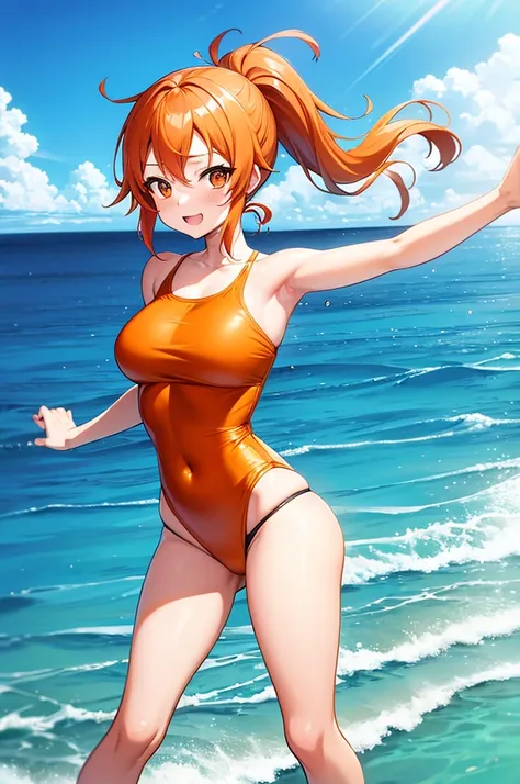 anime art style,One-piece nami,eyes browns,long orange ponytail hair,blushful,Playful expression,dynamic pose,wearing bikini, standing on the beach,shimmering blue seawater, swirly vibrant colors.