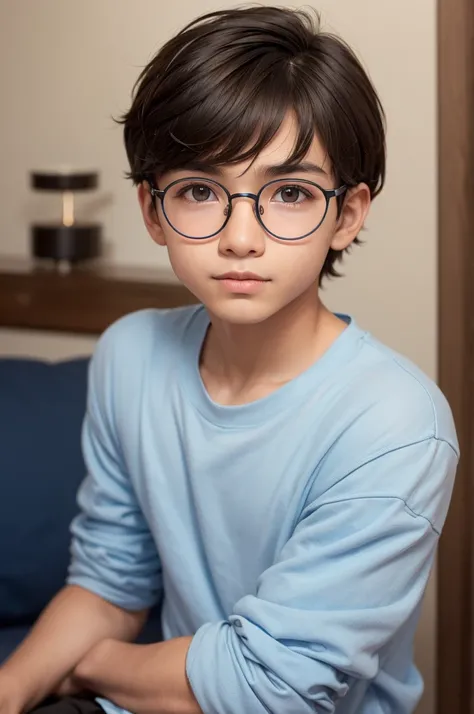 Make a boy with short straight hair, round glasses, blue nose, Italian brown skin