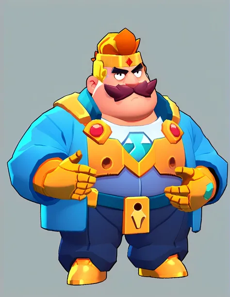 an obese businessman, in a blue suit, blue cyberpunk hairstyle and mustache, in gold armor encrusted with diamonds