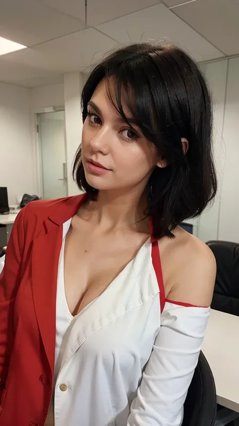 create an image of a white woman with short, below-the-shoulder black hair wearing a red blazer in an office
