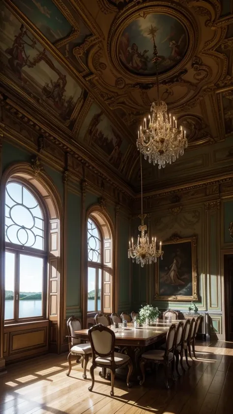 meeting room for mystical beings where there is a lake inside the room for the mermaids of a rococo style castle