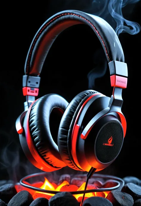 headphones, in a dark atmosphere, hot coals, headphones минималистичные, minimalistic style, стильный design, cold haze, design, dark blurred background, hot coals, red cracks in coals, headphones