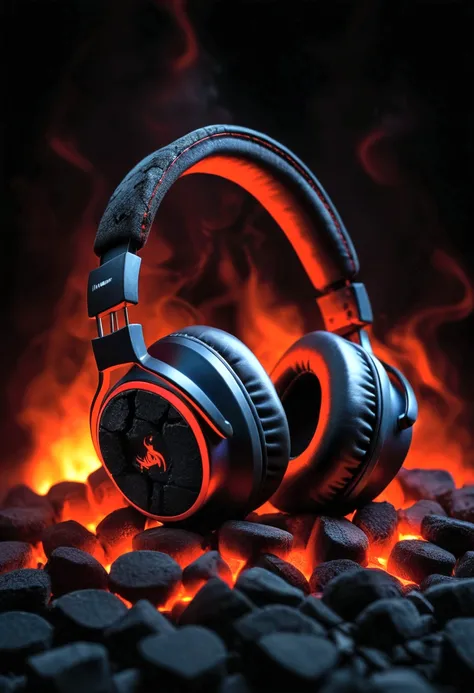 headphones, in a dark atmosphere, hot coals, headphones минималистичные, minimalistic style, стильный design, cold haze, design, dark blurred background, hot coals, red cracks in coals, headphones