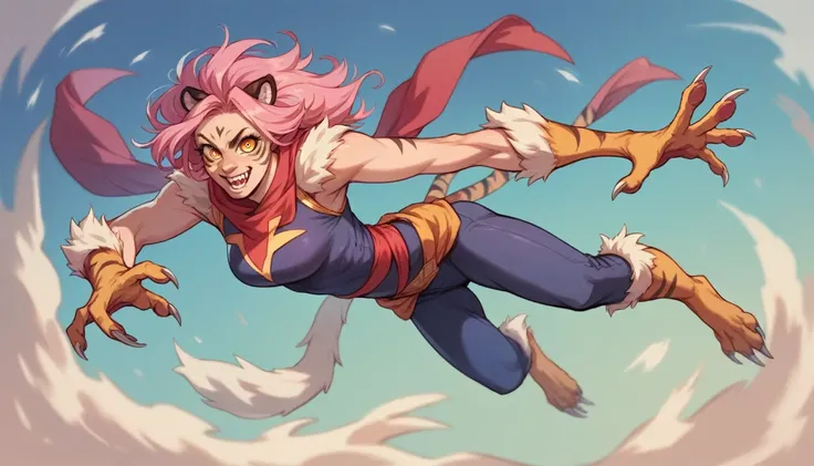 Werewolf girl with metal claws pink hair super hero costume tiger eyes flying in air realistic 