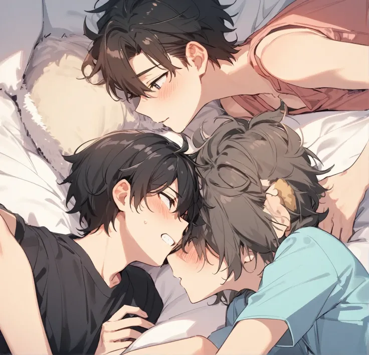 3 different cute male teenagers cuddling together