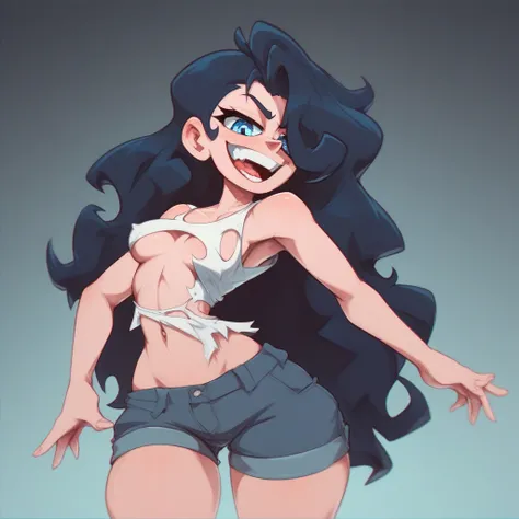 Ralph Bakshi Style, Curvy blue eyed girl with long wavy black hair and small breasts, nudity1.5, (extreme nsfw)2.5, torn tanktop, (tits out)1.5, lewd