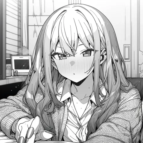 1girl, rei (reis room), moketa, erere, absurdres, greyscale, hatching (texture), depth of field, ((very aesthetic, best quality, ultra detailed)), best quality, newest, 
