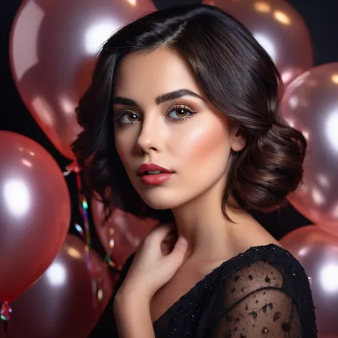 a beautiful woman, dark hair, balloons, studio shot, 8k, high resolution, photorealistic, hyperdetailed, cinematic lighting, dramatic colors, volumetric lighting, chiaroscuro, elegant pose, serene expression, intricate detail, warm tones, glowing skin, det...