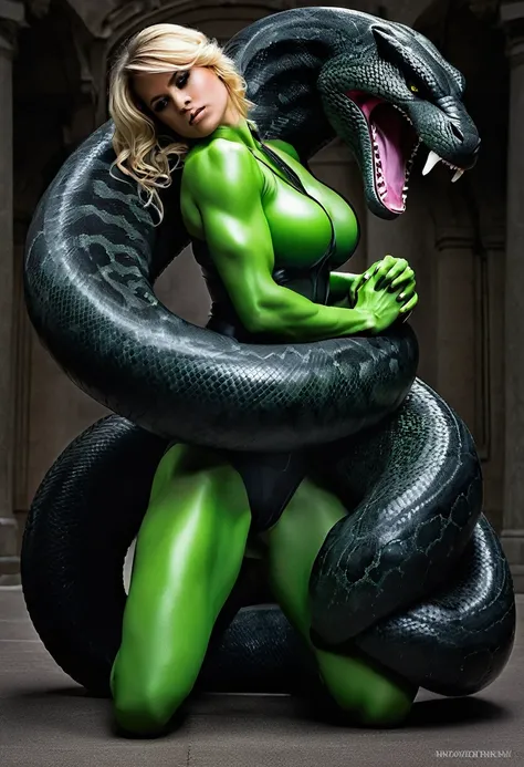   Happy Horny, aroused 1girl), beautiful kneeling blonde She-hulk with  giant colossal black titanboa squeezing her hard, wrapped in thick spiraling coils, constricted, struggle, gasping for air, snake attack, snake peril, moonless night, dim light