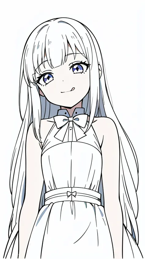 (1girl,8 years old,small),white hair,long hair,white dress, sleeveless, bow tie, bare shoulders,(white background,line drawing),...