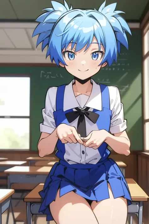 (masterpiece,best quality,highres:1.1),shiota_nagisa,blue hair,blue eyes,short twintails,1boy,classroom,blouse,miniskirt,,smile,(nsfw)