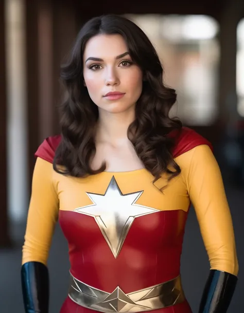 professional portrait photo of Grccrlncrry woman, looking at the camera, highly detailed, skin texture , cosplaying as Mary Marvel