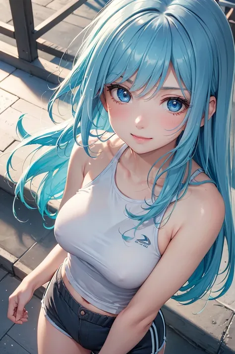 (Best Quality,High resolution,8K,finelity detailed background,Masterpiece:1.2),beautiful girl,Shiny light blue hair,messy hair,Light blue eyes,Gentle look,A refreshing look,Best quality,Best Quality,Aesthetic and aesthetic:1.2,Best details((Super detailed)...