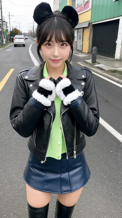 japanese girl wearing  cute outfit and black leather gloves 