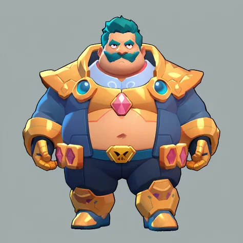 an obese businessman, in a blue suit, blue cyberpunk hairstyle and mustache, in gold armor encrusted with diamonds