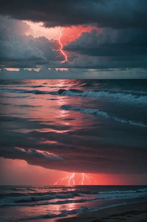 A gloomy beach with dark waters and a sky with red lightning and thunder