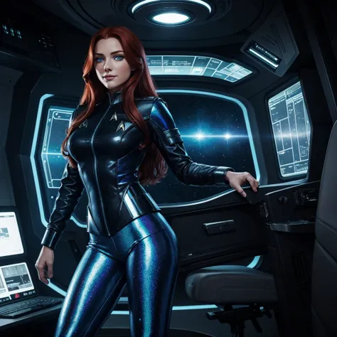 Masterpiece Illustration, very detailed face, a beautiful 25-year-old woman, lush long red hair, dazzling blue eyes, küssbare Lippen, sweet smile, strong dark eye makeup, friendly and welcoming, fit sex bomb body, star trek uniform, Rock, Spats, Go-Go-Stie...