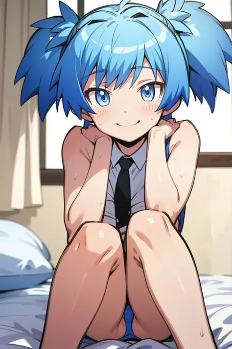 (masterpiece,best quality,highres:1.1),shiota_nagisa,blue hair,blue eyes,short twintails,1boy,,,smile,(nsfw),on bed