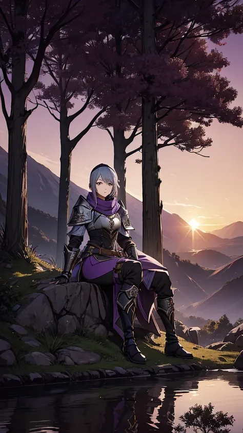 1girl, 1boy, (best quality, beruka, gauntlets), armor, purple scarf, black gloves, pants, boots, bandana on the head, sitting, in front, trees, mountain, beautiful scenery in the background, soft sunset, subtle reflections on the ground.