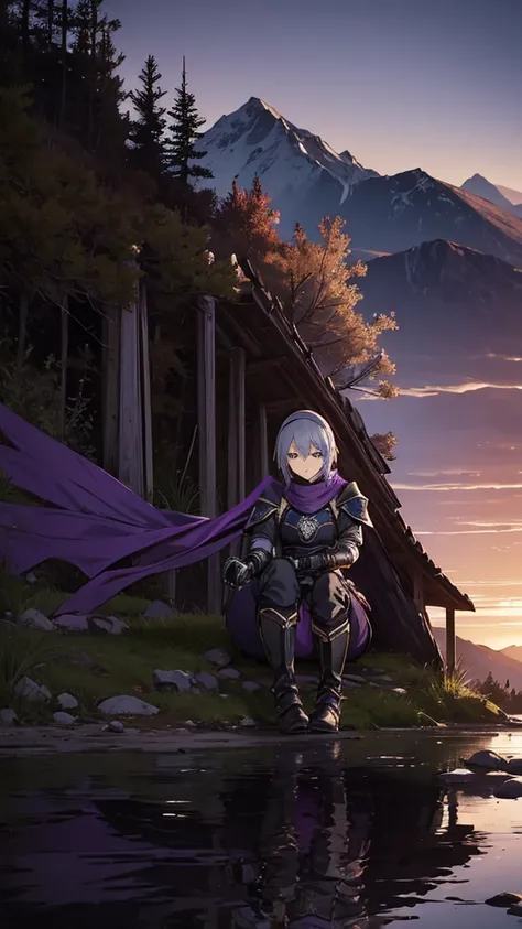 1girl, 1boy, (best quality, beruka, gauntlets), armor, purple scarf, black gloves, pants, boots, bandana on the head, sitting, in front, trees, mountain, beautiful scenery in the background, soft sunset, subtle reflections on the ground.