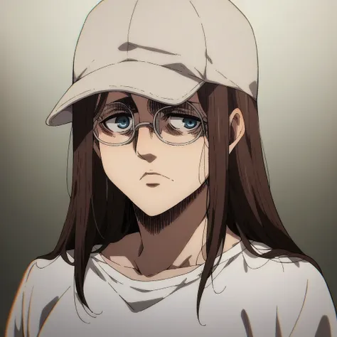 shingeki_no_kyojin_s4_style, long hair, brown hair, glasses, blue eyes, white base ball cap, white t-shirt with Japanese words on it 