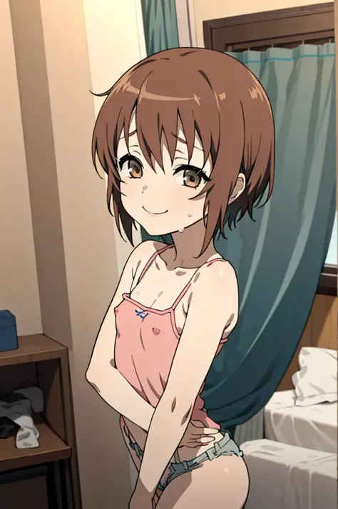 masterpiece, best quality, high quality, 1girl, solo, , looking at viewer, mochizuki_yuuya, brown hair, brown eyes, bangs,smile,camisole,shorts,,my room,small breasts,(nsfw),sweating