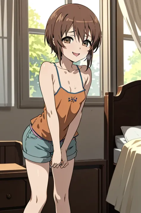 masterpiece, best quality, high quality, 1girl, solo, , looking at viewer, mochizuki_yuuya, brown hair, brown eyes, bangs,smile,camisole,shorts,,my room,small breasts,(nsfw),sweating