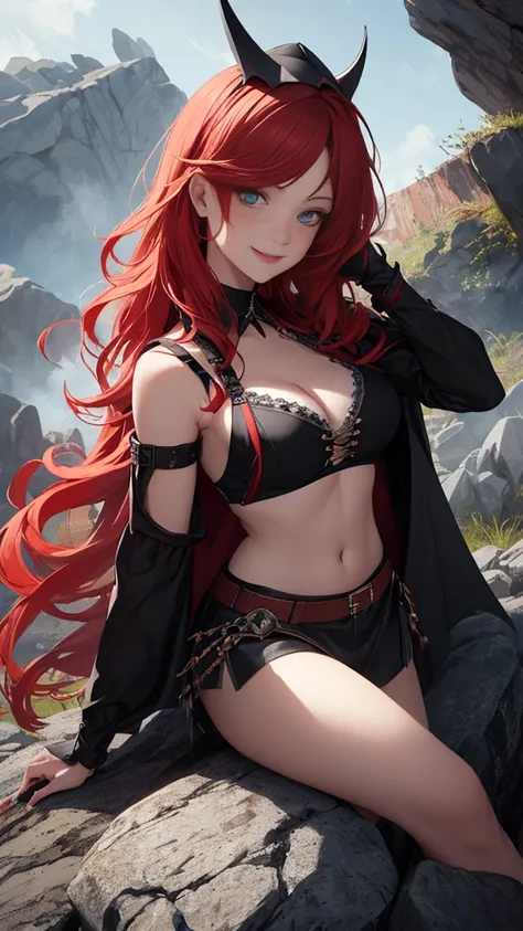 (high quality, ​masterpiece, Detailed), fire city Detailed scenario, fire city Detailed background, alone, Red hair, madelynepri, 1 Frau, black cape, black crop top, lederhosen, sleeve, navel, perfect face, evil smile, sit on a rock, beautiful eyes, look a...