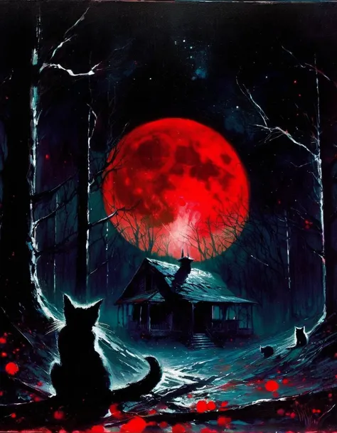 satanic cat, dark forest, abandoned house, red moon (art inspired in Bill Sienkiewicz). oil painting) 