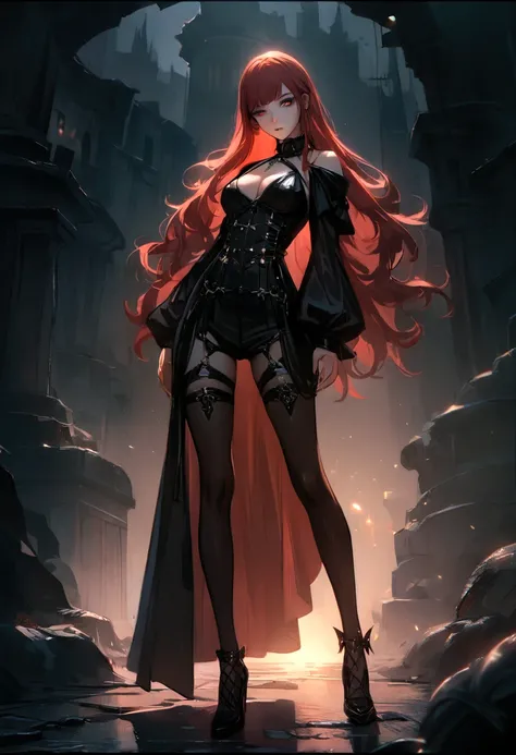 1girl, gothic girl, dark place, night, redhead, sexy outfit, detailed facial features, extremely detailed eyes and face, long eyelashes, moody atmosphere, dramatic lighting, cinematic, dark fantasy, rich colors, dramatic, chiaroscuro, dramatic shadows, atm...