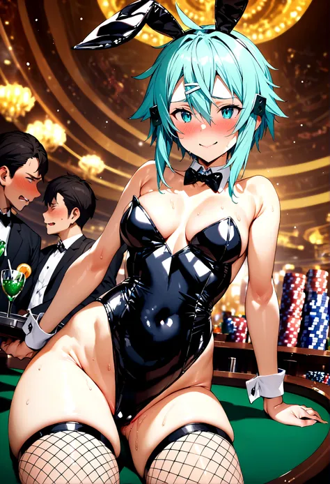 NSFW,masterpiece,Highest quality,High resolution,Super detailed,Sinon(Sword Art Online),Playboy Bunny,Streaks,Large fishnet stockings,Embarrassed,expectant face,Bad smile,blush,casino,tray,Being sexually harassed,(Molester),Body touch