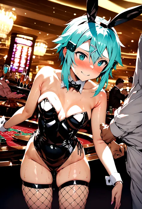 NSFW,masterpiece,Highest quality,High resolution,Super detailed,Sinon(Sword Art Online),Playboy Bunny,Streaks,Large fishnet stockings,Embarrassed,expectant face,Bad smile,blush,casino,tray,Being sexually harassed,(Molester),Body touch