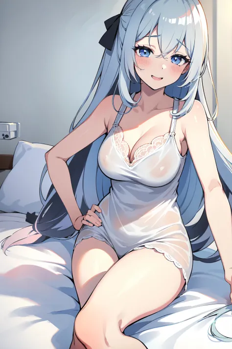 , long grey hair, cute anime style, beautiful face,smiling,close up to hips, moderate breast, sitting on bed leaning slightly back, wearing white pajamas, (open mouth:0.4),illustration,detailed textures,ultra-detailed,portrait style,vivid colors,soft light...