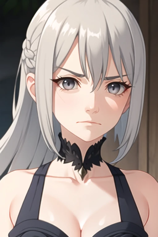 older women with long light grey hair, grey eyes, and has an apathetic expression on her face