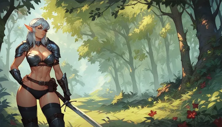 score_9,score_8_up,score_7_up,source_anime,tall elf woman,long silver hair,serious expression on her face,sword on her hip and a bow on her back,standing,in a forest,toned,leather armor,ranger,thin hips,cleavage,alone,looking at camera,level with camera