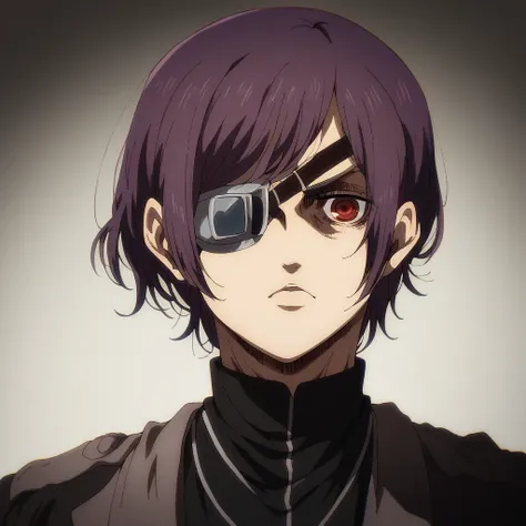 shingeki_no_kyojin_s4_style, white medical eye patch, short hair, violet hair, black uniform, red eye, 