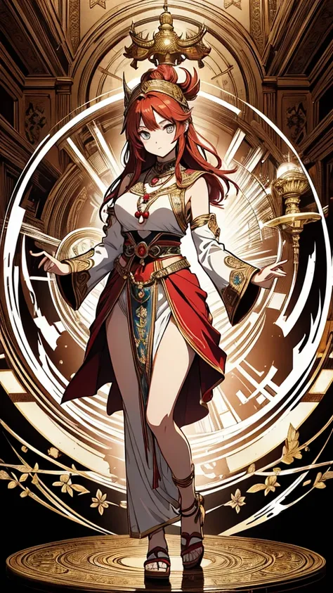 2d, masterpiece, best quality, anime, highly detailed face, highly detailed eyes, highly detailed background, perfect lighting, 1girl, solo, full body, standing, genie attire, red hair, amulet 