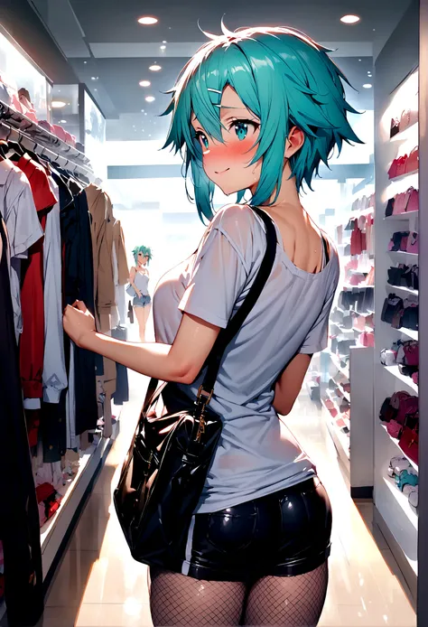 NSFW,masterpiece,Highest quality,High resolution,Super detailed,Sinon(Sword Art Online),Jacket,White T-shirt,cropped,Shorts,Fishnet tights,Shoulder bag,Embarrassed,expectant face,smile,blush,Shopping mall,Lingerie Shop,Underwear section,bra,panties,Date,Fr...