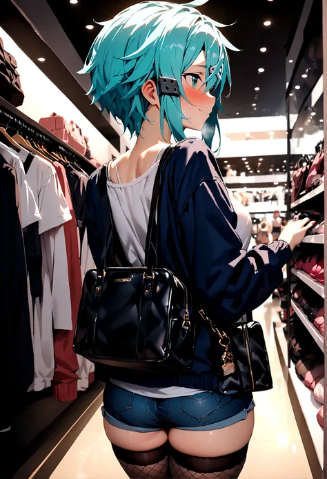 NSFW,masterpiece,Highest quality,High resolution,Super detailed,Sinon(Sword Art Online),Jacket,White T-shirt,cropped,Shorts,Fishnet tights,Shoulder bag,Embarrassed,expectant face,smile,blush,Shopping mall,Lingerie Shop,Underwear section,bra,panties,Date,Fr...